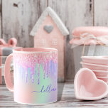 Holographic pink purple name drips mug<br><div class="desc">A trendy holographic background with unicorn and rainbow pastel colors in pink, purple, mint green. Decorated with drips in pink and purple. Personalize and add a name, written with a modern hand lettered style script with swashes. Purple colored letters. To keep the swashes only delete the sample name, leave the...</div>