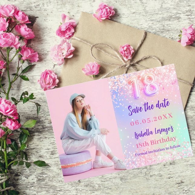 Holographic pink purple photo 18th birthday save the date (Creator Uploaded)
