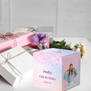 Holographic pink purple photo birthday party favour box