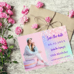 Holographic pink purple photo birthday save the date<br><div class="desc">A modern and elegant Save the Date for a 18th (or any age) birthday party.  Holographic,  pink,  purple mint green background. Personalise and add a photo,  date and name.</div>