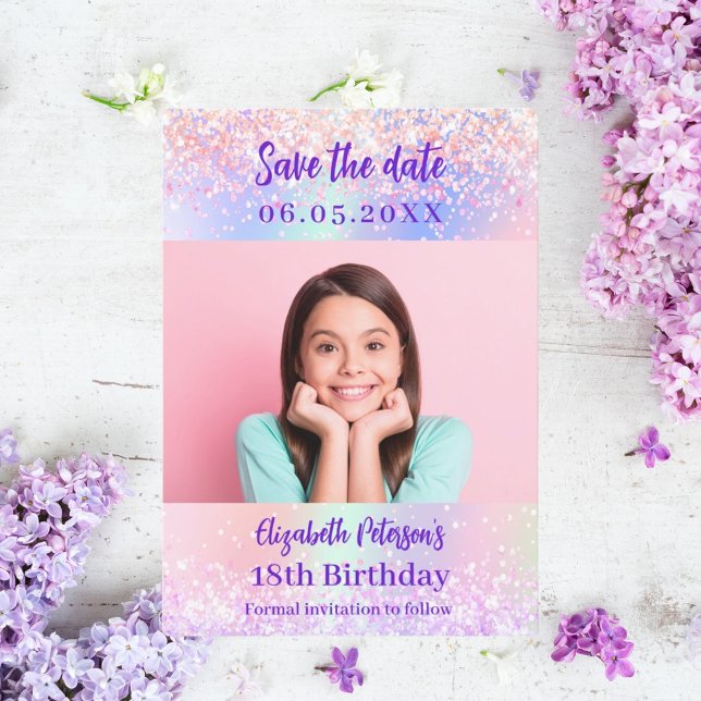 Holographic pink purple photo birthday save the date (Creator Uploaded)