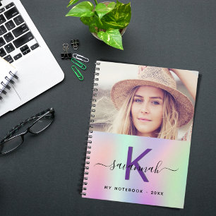 Holographic pink purple photo name script notebook