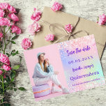 Holographic pink purple photo Quinceanera Save The Date<br><div class="desc">A modern and elegant Save the Date for a Quinceañera. Holographic,  pink,  purple mint green background. Personalise and add a photo,  date and name.</div>