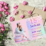 Holographic pink purple photo Quinceanera Save The Date<br><div class="desc">A modern and elegant Save the Date for a Quinceañera. Holographic,  pink,  purple mint green background. Personalise and add a photo,  date and name.</div>