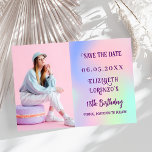 Holographic pink purple photo script birthday save the date<br><div class="desc">A modern and elegant Save the Date for a birthday party (any age). Holographic,  pink,  purple mint green background. Personalise and add a photo,  date and name.</div>