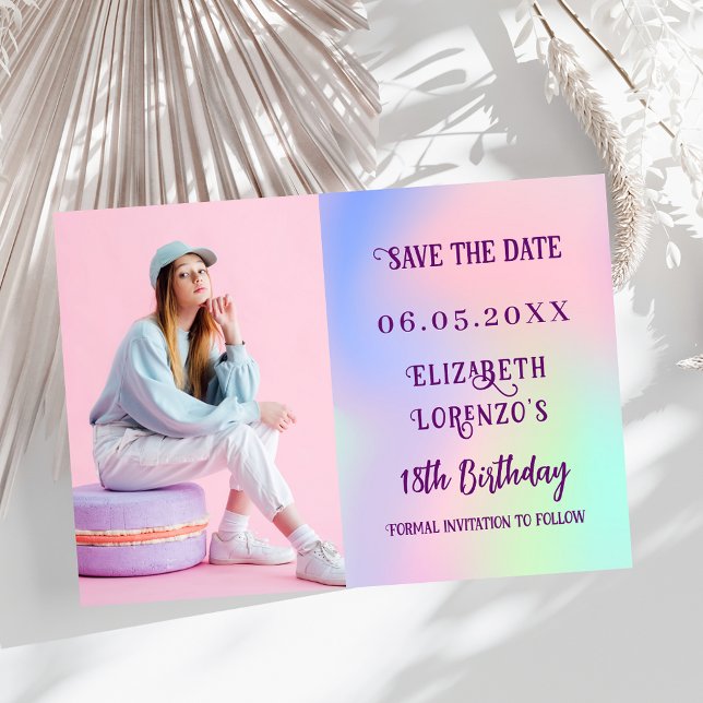 Holographic pink purple photo script birthday save the date (Creator Uploaded)