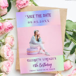 Holographic pink purple photo script birthday save the date<br><div class="desc">A modern and elegant Save the Date for a birthday party (any age). Holographic,  pink,  purple mint green background. Personalise and add a photo,  date and name.</div>