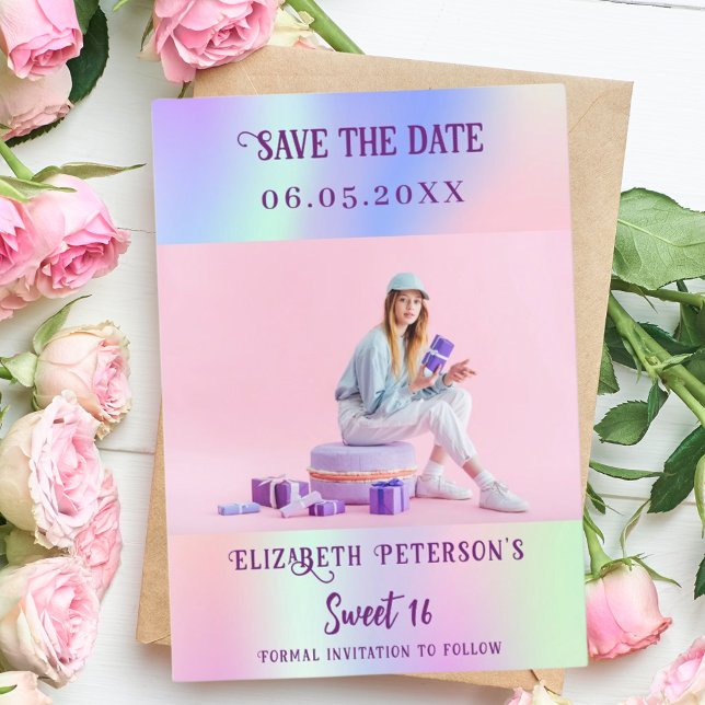 Holographic pink purple photo script Sweet 16 Save The Date (Creator Uploaded)
