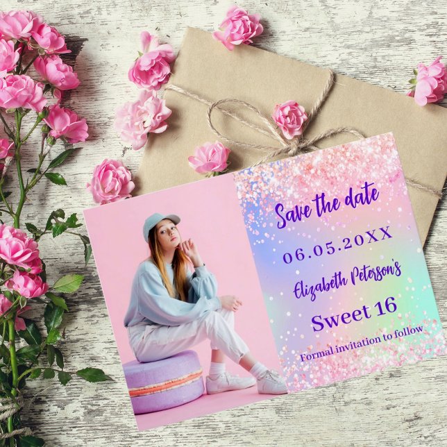 Holographic pink purple photo Sweet 16 Save The Date (Creator Uploaded)