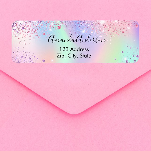 Holographic pink purple sparkles return address label (Creator Uploaded)