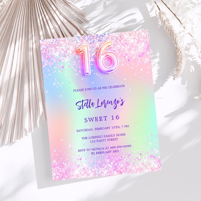 Holographic pink purple Sweet 16 budget invitation (Creator Uploaded)