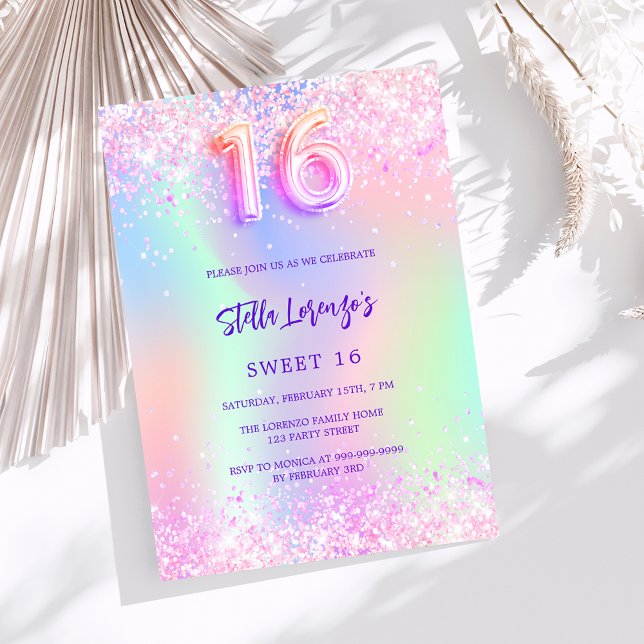 Holographic pink purple Sweet 16 Invitation (Creator Uploaded)