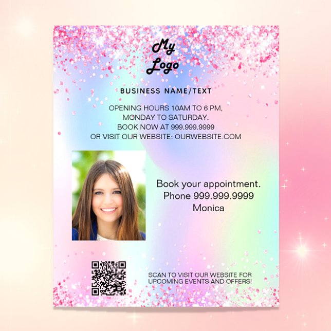 Holographic pink sparkles photo qr code flyer (Creator Uploaded)