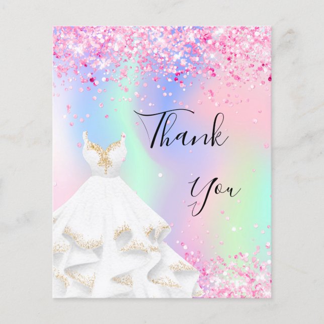 Holographic pink white dress thank you card (Front)