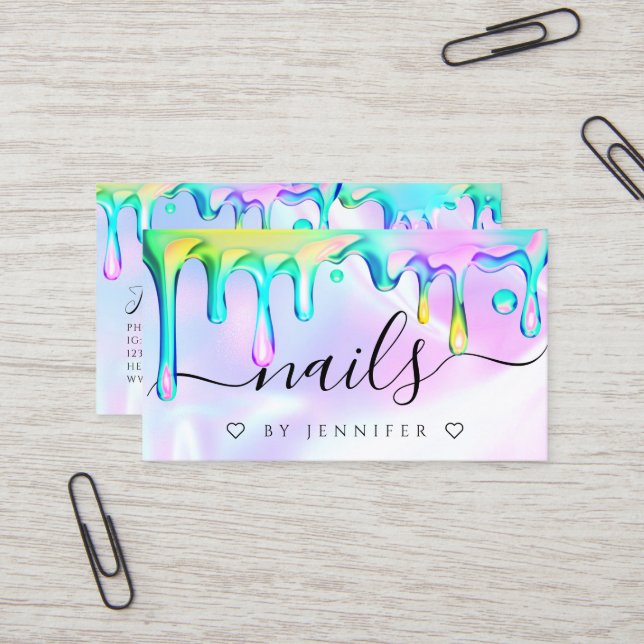 Holographic Polish Drips Nails Artist QR Code Business Card (Front/Back In Situ)