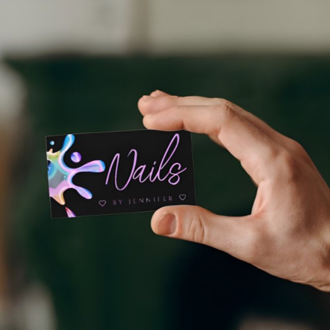 Holographic Polish Splash Drip Nails QR Code Black Business Card (Creator Uploaded)