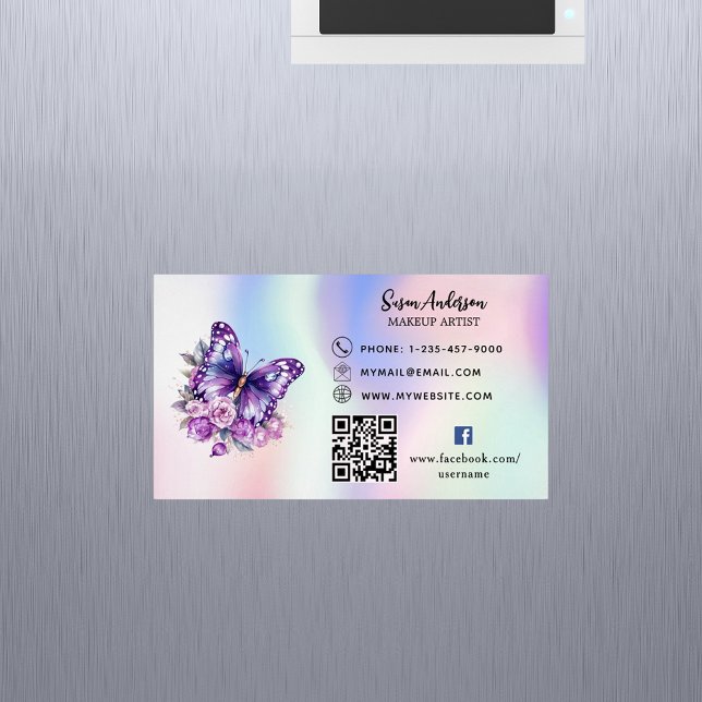 Holographic purple butterfly QR code Facebook Magnetic Business Card (Creator Uploaded)