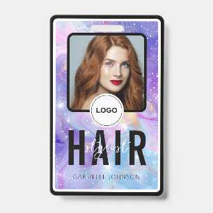 Holographic Purple Galaxy Hair Stylist Photo Logo ID Badge