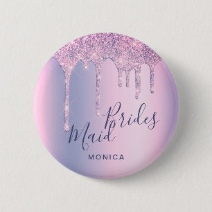 Holographic purple glitter drips bridesmaid 6 cm round badge