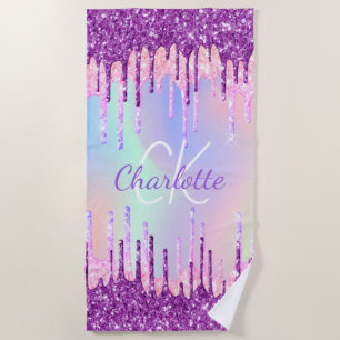 Holographic purple pink drips monogram beach towel