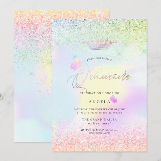 Holographic Quinceanera Pink Butterflies+Glitters Invitation (Front/Back)
