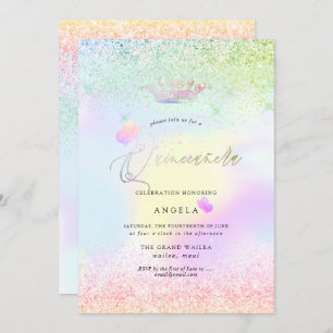 Holographic Quinceanera Pink Butterflies+Glitters Invitation