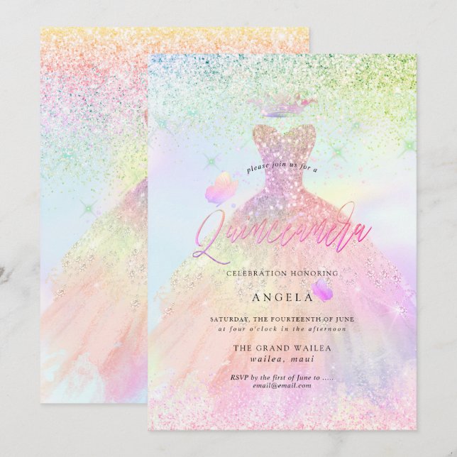 Holographic Quinceanera Princess+Butterflies Invitation (Front/Back)