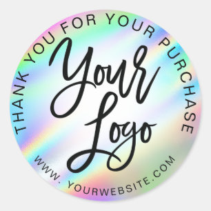 Holographic rainbow add your logo pink thank you classic round sticker