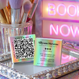 Holographic Rainbow Bold QR Code Hair & Makeup Square Business Card