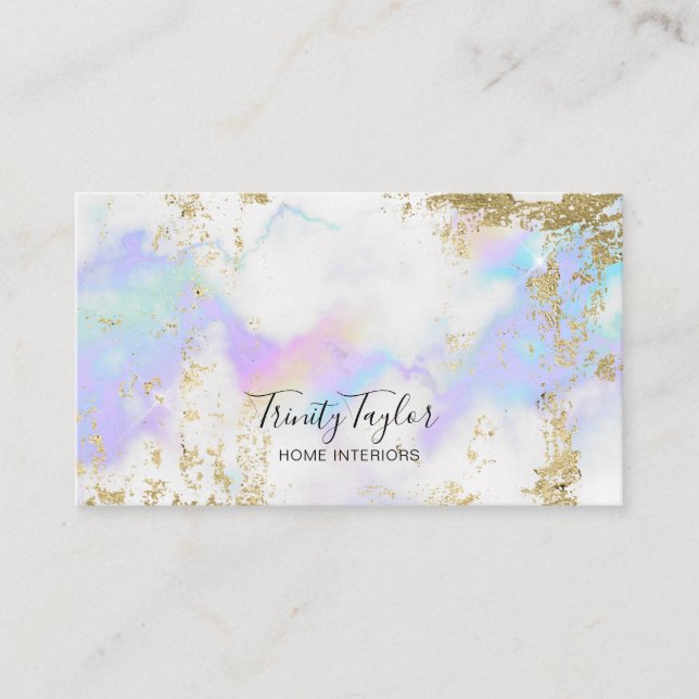 Holographic rainbow clouds & faux gold leaf business card (Front)