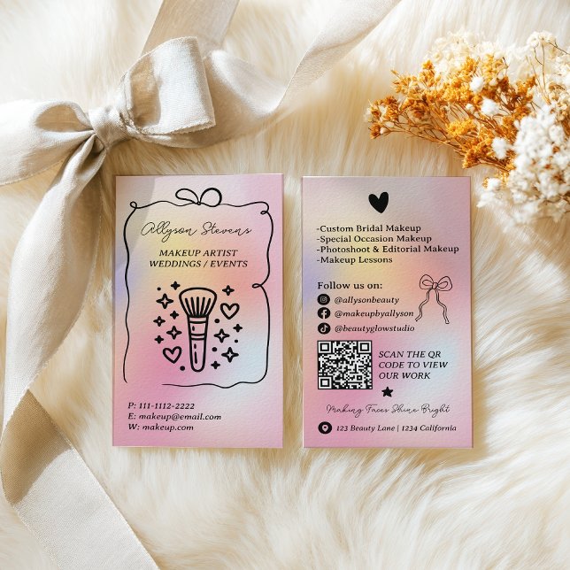 Holographic rainbow Doodles Makeup Artist QR Code Business Card (Holographic rainbow Doodles Makeup Artist QR Code Business Card)