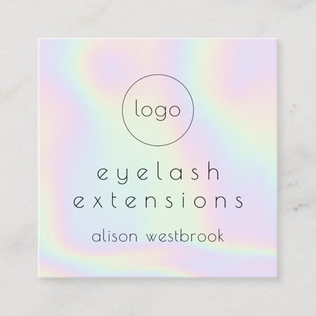 Holographic rainbow eyelash extensions custom logo square business card (Front)