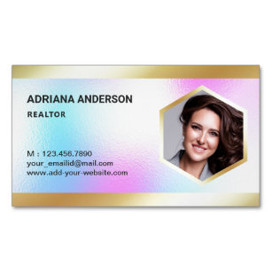 Holographic Rainbow Gold Real Estate Photo Realtor Magnetic Business Card