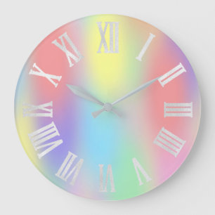 Holographic  Rainbow  Gray Roman Numbers Large Clock
