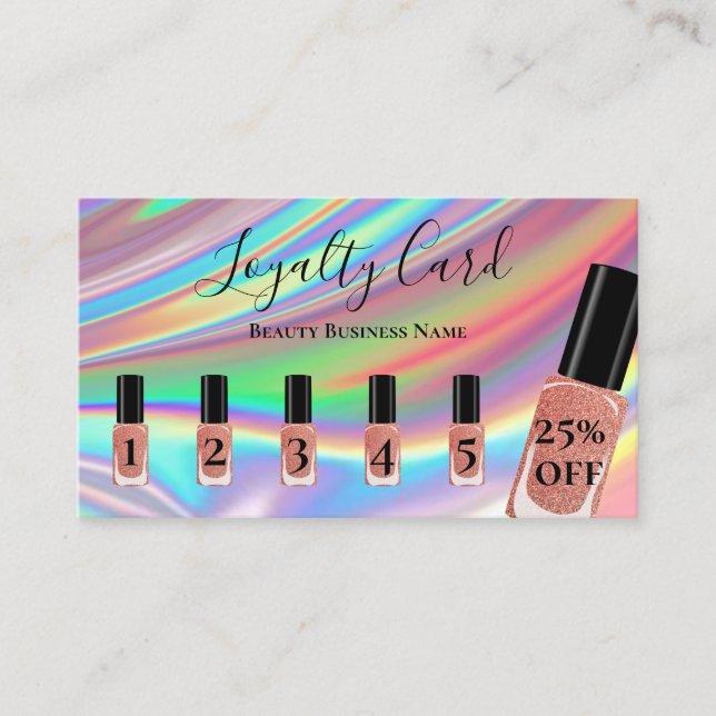 Holographic Rainbow Nail Salon Loyalty Business Card (Front)