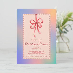 Holographic Red Bow Elegant Christmas Dinner  Holiday Card