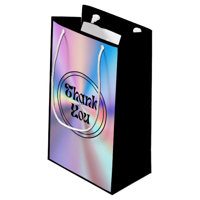  holographic retro groovy script  thank you black small gift bag (Back Angled)