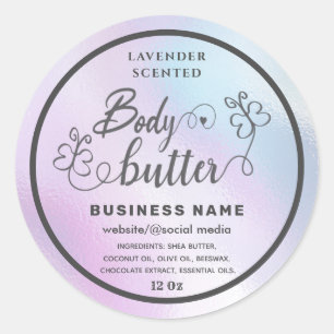 Holographic script butterfly body butter label