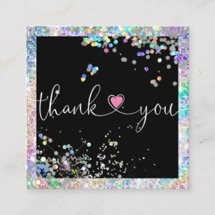 holographic script heart thank you for your order square business card