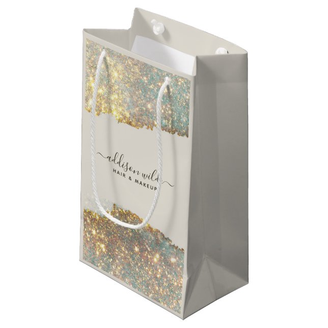 Holographic Signature Script Modern Glam Glitter Small Gift Bag (Front Angled)