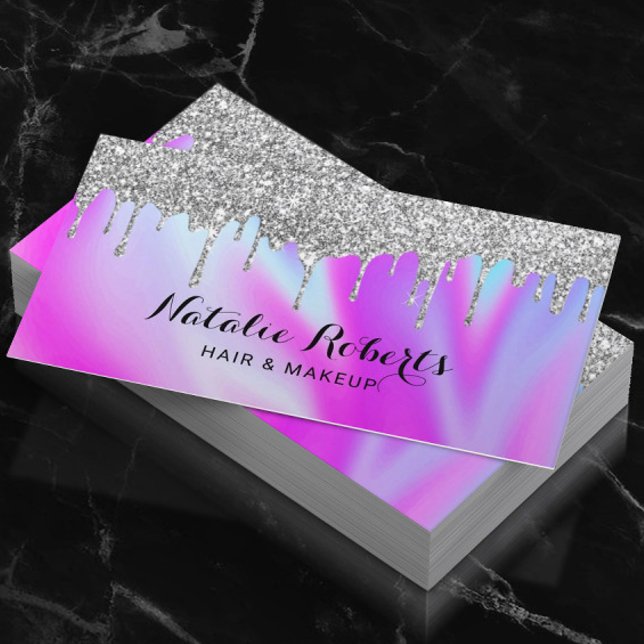 Holographic Silver Drips Beauty Salon Pink Blue Business Card (Creator Uploaded)