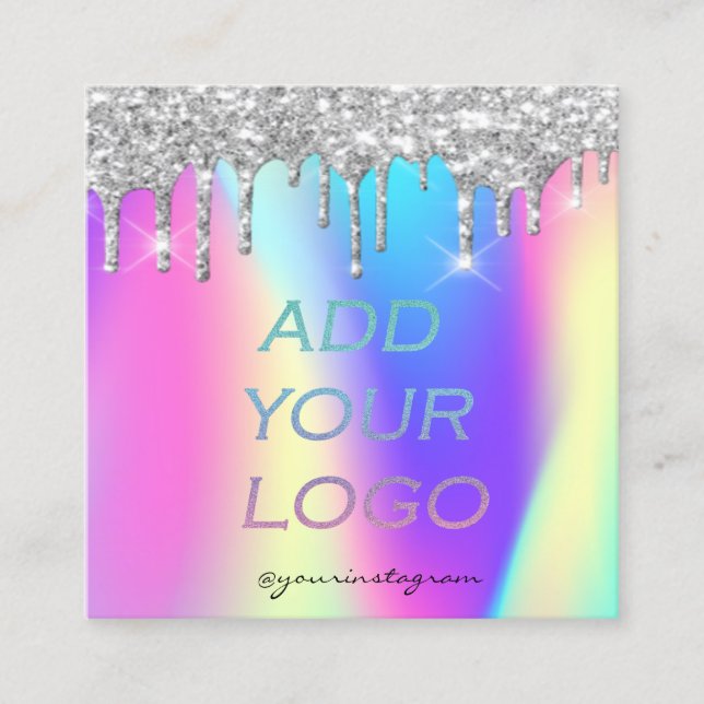 Holographic Silver Glitter Drips Add Your Logo Square Business Card (Front)