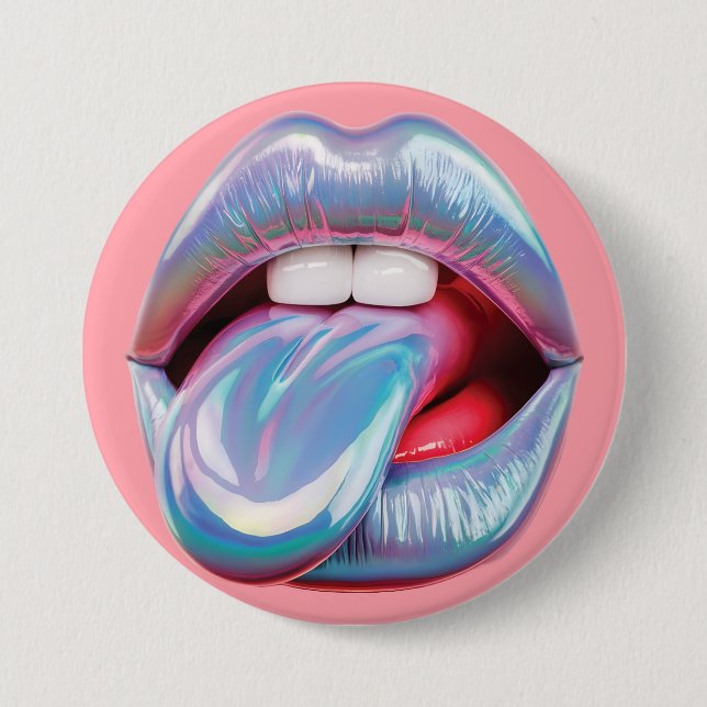 Holographic silver mouth 7.5 cm round badge (Front)