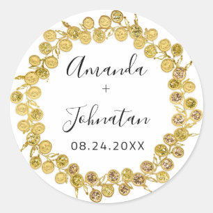 Holographic Simply Name Date Black Gold Wreath  Classic Round Sticker