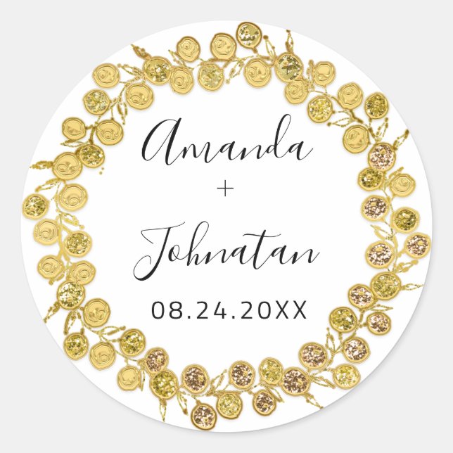 Holographic Simply Name Date Black Gold Wreath  Classic Round Sticker (Front)