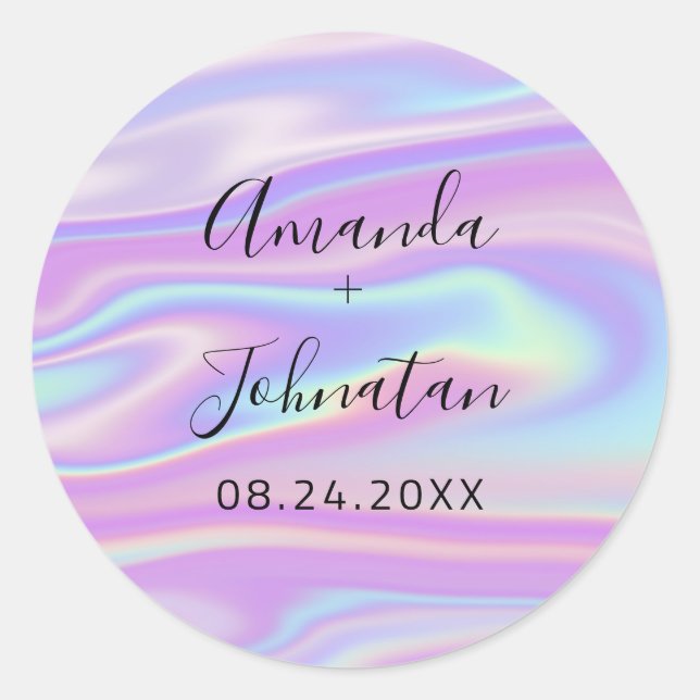 Holographic Simply Name Date Black Holograph Classic Round Sticker (Front)