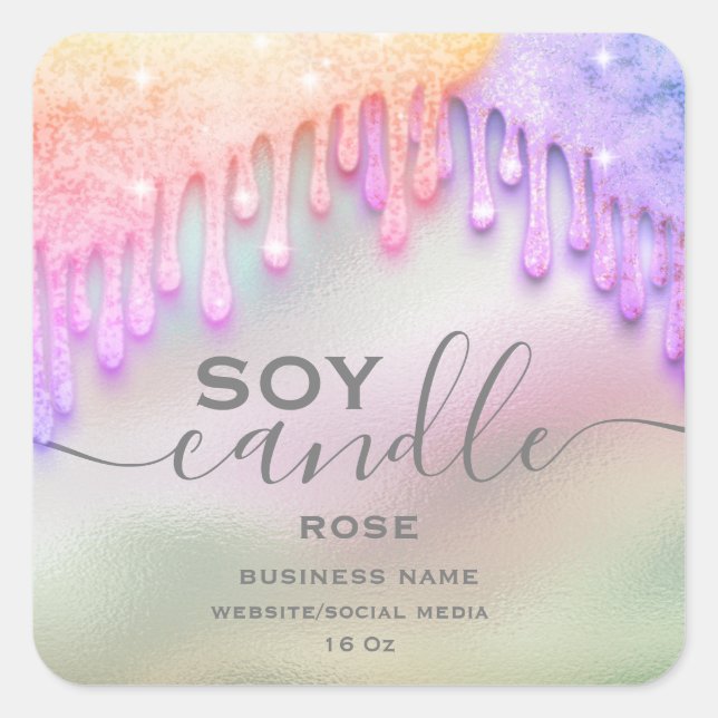 Holographic sparkle drips script soy candle label (Front)