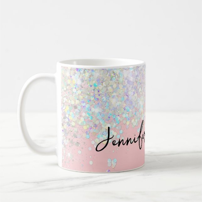 Holographic Sparkle Glitter Blush Pink Girly Coffee Mug (Left)