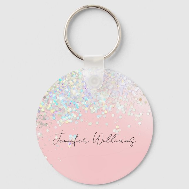 Holographic Sparkle Glitter Blush Pink Girly  Key Ring (Front)