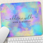 Holographic Sparkle Opal Iridescent Mouse Pad<br><div class="desc">Unleash your inner artist with this chic and stylish mousepad! A vibrant mix of pastel blues, pinks, purples, and yellows creates a dreamy, watercolor-like backdrop. Shimmering glitter accents add a touch of glam, perfect for the creative professional. Personalise it with your name and title in a modern sans-serif font for...</div>